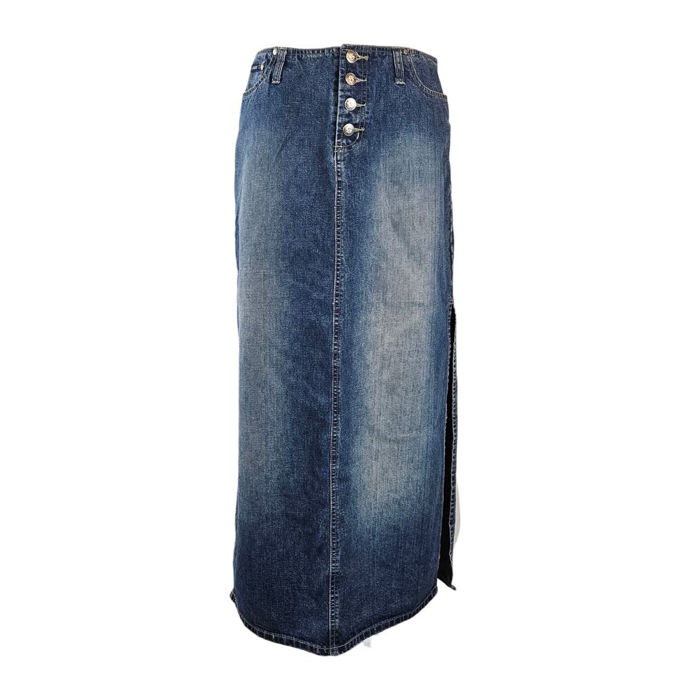 Y2k Denim Maxi Skirt Low-Rise Side Slits Squeeze - Size 9 - Picture 3 of 6